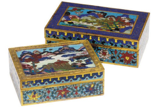 TWO CHINESE CLOISONNÈ ENAMEL AND GILT BRONZE RECTANGULAR BOXES AND COVERS,