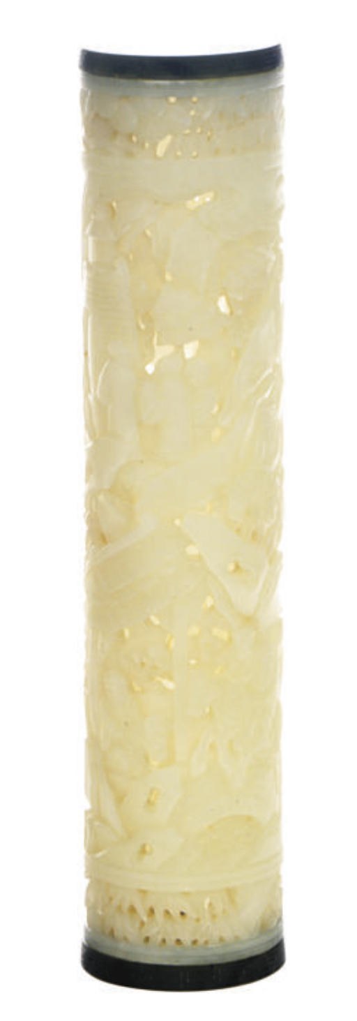 A CHINESE PIERCED WHITE JADE CYLINDRICAL PARFUMIER,