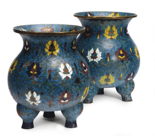 A PAIR OF CHINESE CLOISONNÈ ENAMEL BLUE GROUND CENSERS