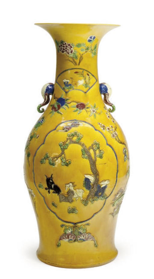 A PAIR OF LARGE CHINESE YELLOW-GROUND PORCELAIN BALUSTER VASES,