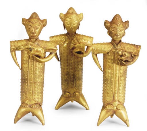 THREE GOLD ZODIAC FIGURES AND TWO GOLD LOTUS-SHAPED FOOTED BOWLS