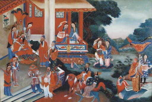 A CHINESE REVERSE PAINTING ON GLASS OF A DIGNITARY WITHIN A PAVILION,