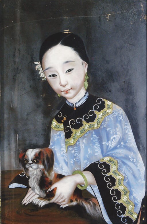 A PAIR OF CHINESE SCHOOL REVERSE PAINTING ON GLASS PORTRAITS OF LADIES,