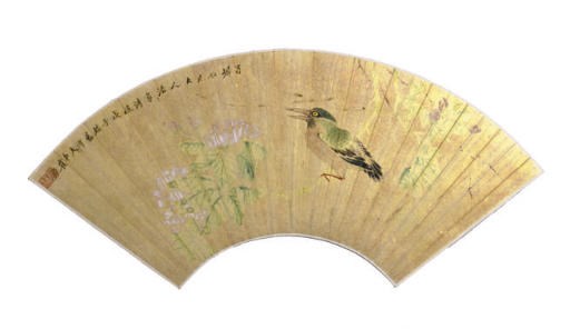 A CHINESE FAN PAINTING OF A BIRD ON A PEONY BRANCH,