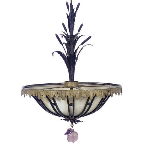 A GILT-METAL, POLYCHROME-TOLE PAINT, AND ALABASTER HANGING LIGHT FIXTURE,
