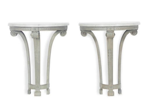 A PAIR OF FRENCH GREY-PAINTED AND WHITE MARBLE TOP CONSOLES,