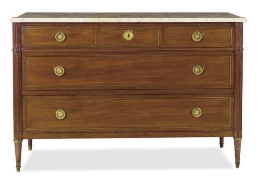 A FRENCH STAINED WALNUT AND PARCEL GILT MARBLE TOP COMMODE,