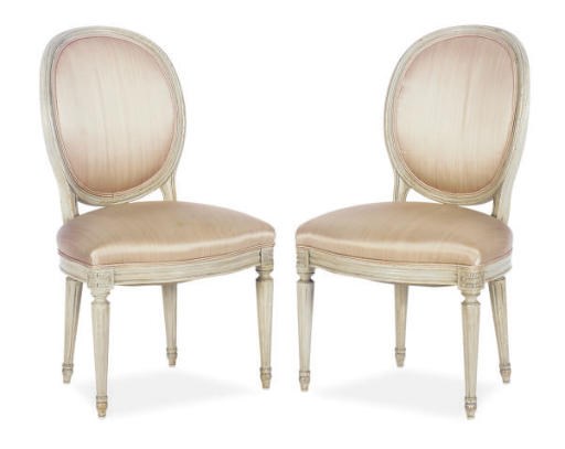 A SET OF SIX FRENCH GREY-PAINTED AND UPHOLSTERED CHAISES,