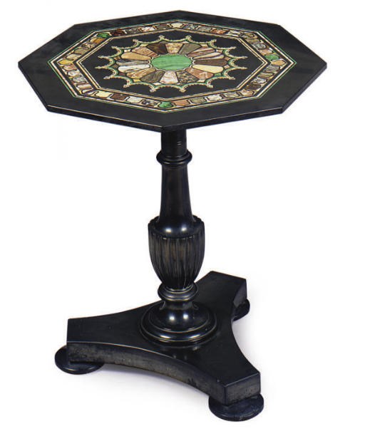 AN EARLY VICTORIAN SLATE, BLACK MARBLE AND SPECIMEN MARBLE OCTAGONAL PEDESTAL TABLE,