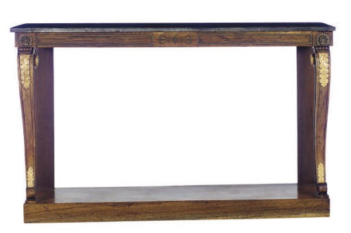 A GEORGE IV BRASS INLAID AND MOUNTED PARCEL-GILT ROSEWOOD AND ROSEWOOD GRAINED FOSSIL MARBLE TOP SIDE TABLE**,