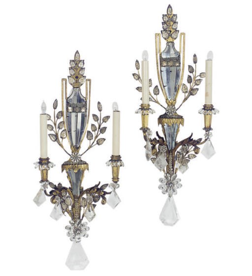 A PAIR OF GILT-METAL, CUT-GLASS, AND ROCK-CRYSTAL TWO-BRANCH WALL-LIGHTS,