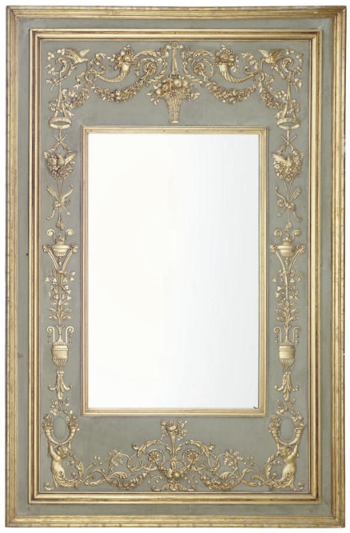 A FRENCH GREY-PAINTED AND PARCEL-GILT MIRROR,