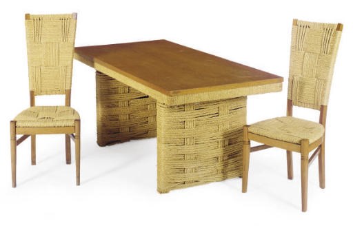 A FRENCH OAK AND ROPE DINING TABLE AND SIX CHAIRS,