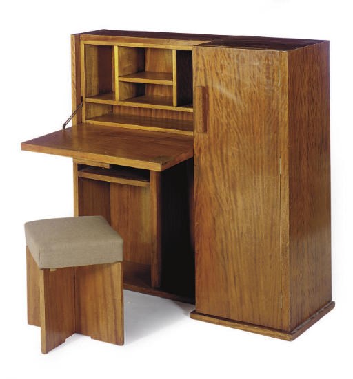 A FRENCH ART DECO BRASS-INLAID MAHOGANY FALL-FRONT DESK AND STOOL,