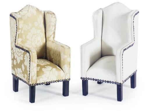 TWO MINIATURE UPHOLSTERED WINGBACK ARMCHAIRS,