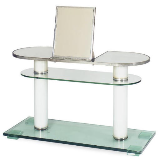A GLASS, CHROME AND MIRRORED VANITY,