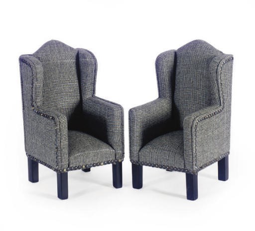 A PAIR OF MINIATURE WOOL UPHOLSTERED WINGBACK ARMCHAIRS,