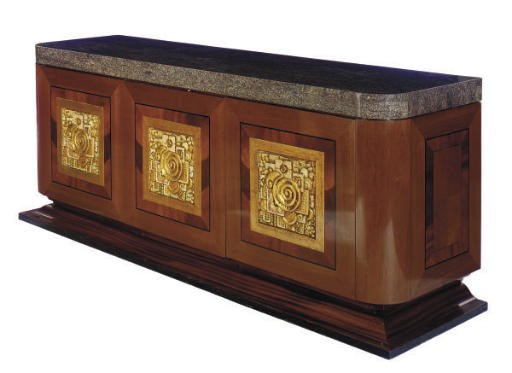 A MAHOGANY, PARCEL-GILT, AND GRANITE TOP SIDE CABINET,