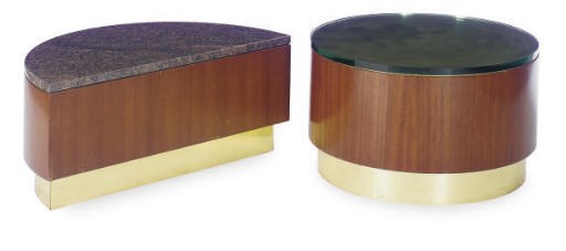A GROUP OF FIVE MAHOGANY AND BRASS LOW TABLES,