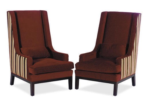 A PAIR OF BURGUNDY CHENILLE AND STRIPED VELVET UPHOLSTERD HIGH-BACK ARMCHAIRS,
