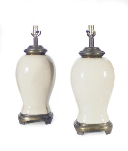 A PAIR OF CRACKLE GLAZED VASES MOUNTED AS TABLE LAMPS,