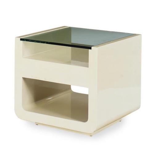 A LACQUERED WOOD AND GLASS END TABLE,