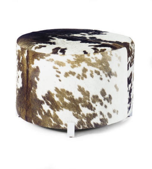 A CHROMED-METAL AND PONY-SKIN CIRCULAR POUF,