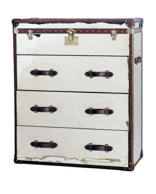 A LEATHER-BOUND CHROMED-METAL TALL CHEST-OF-DRAWERS WITH TRUNK TOP,