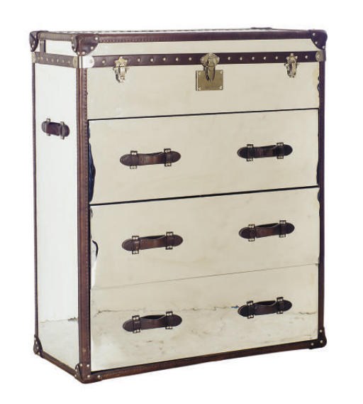 A LEATHER BOUND CHROMED-METAL TALL CHEST OF DRAWERS WITH TRUNK-TOP,