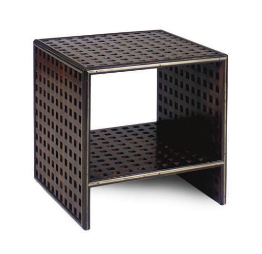 A GUN-METAL MOUNTED HATCH COVER SIDE TABLE,