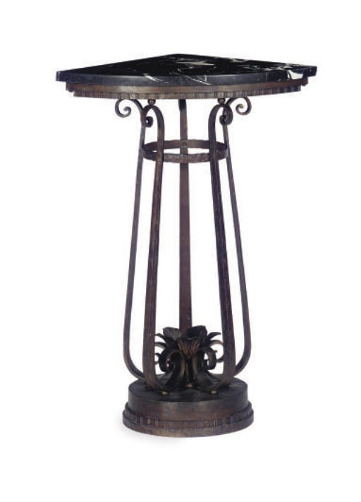 AN ART DECO IRON AND MARBLE PEDESTAL CORNER TABLE,