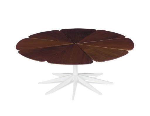 A PINE AND ENAMELED METAL 'PETAL' COFFEE TABLE,