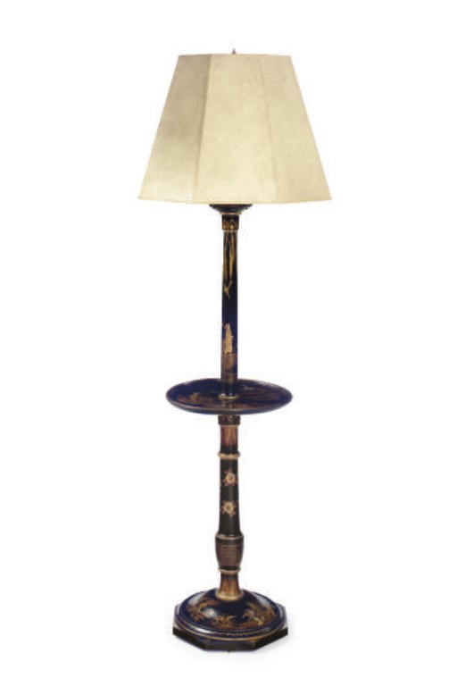 A GILT, POLYCHROME-JAPANNED AND PARCHMENT FLOOR LAMP,