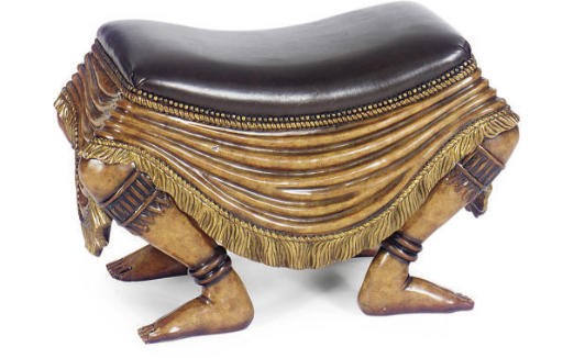 A PAINTED AND PARCEL-GILT FIGURAL BENCH,