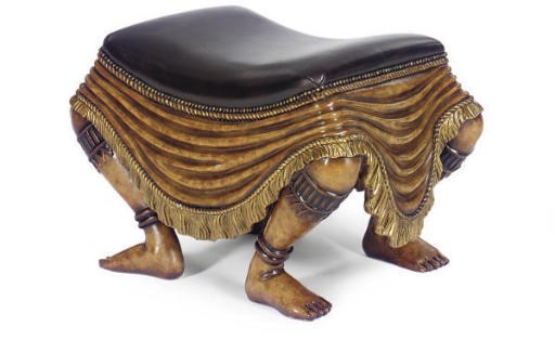 A PAINTED AND PARCEL-GILT FIGURAL BENCH,