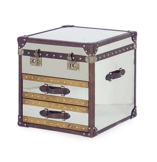 A LEATHER-BOUND CHROMED-METAL SQUARE TRUNK,