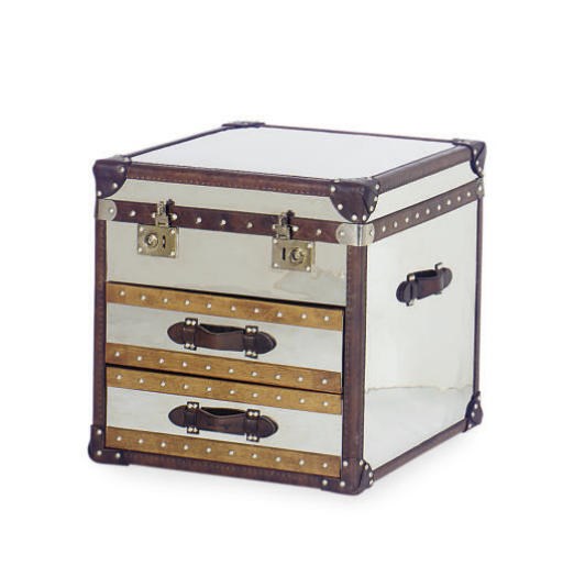 A LEATHER-BOUND CHROMED-METAL SQUARE TRUNK,