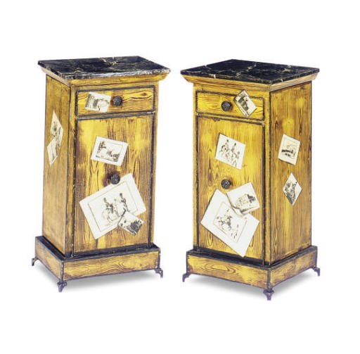 A PAIR OF FAUX-GRAINED TOLE PEINTE SIDE CABINETS,