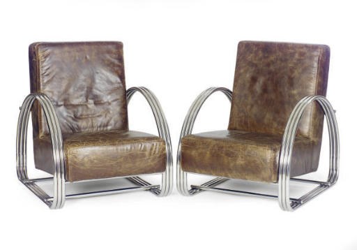 A PAIR OF CHROMED-METAL AND LEATHER ARMCHAIRS,