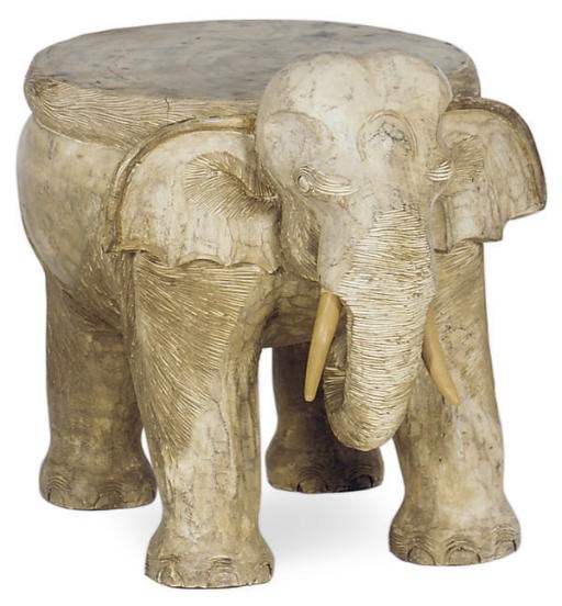 A CARVED GREY-PAINTED ELEPHANT-FORM STOOL