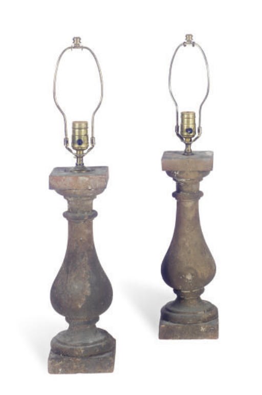A PAIR OF STONE BALUSTER-FORM TABLE LAMPS,