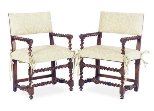 A PAIR OF FRENCH WALNUT OPEN ARMCHAIRS,