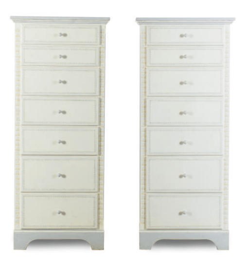 A PAIR OF WHITE AND BLUE PAINTED SEVEN-DRAWER TALL CHESTS,