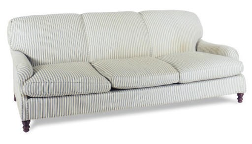 A PAIR OF BLUE AND WHITE STRIPED COTTON UPHOLSTERED THREE-SEAT SOFAS,