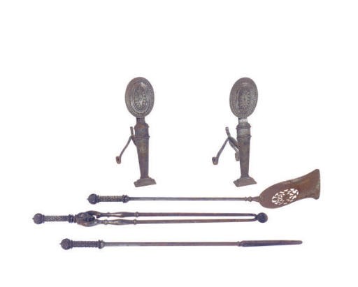 A PAIR OF STEEL AND METAL FIRE IRON STANDS TOGETHER WITH TOOLS,