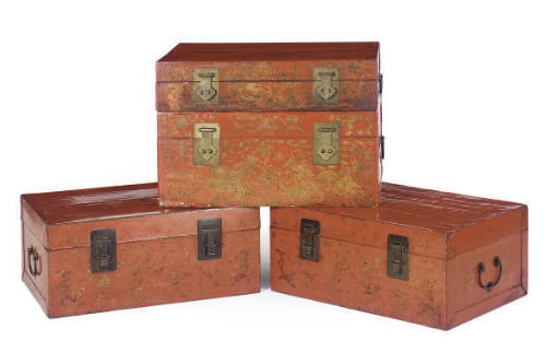 A GROUP OF FOUR CHINESE RED AND GILT-LACQUERED LEATHER LOW CHESTS,