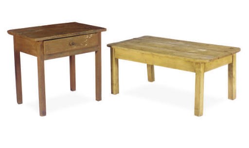 A PINE LOW TABLE AND A BROWN PAINTED SIDE TABLE,