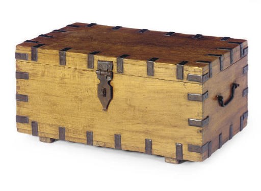 A METAL MOUNTED HARDWOOD CHEST,