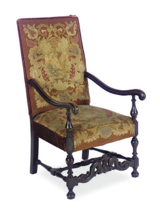 A FRUITWOOD AND NEEDLEWORK UPHOLSTERED ARMCHAIR,