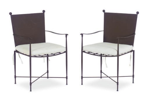 A SET OF BROWN ENAMELED METAL GARDEN ARMCHAIRS,